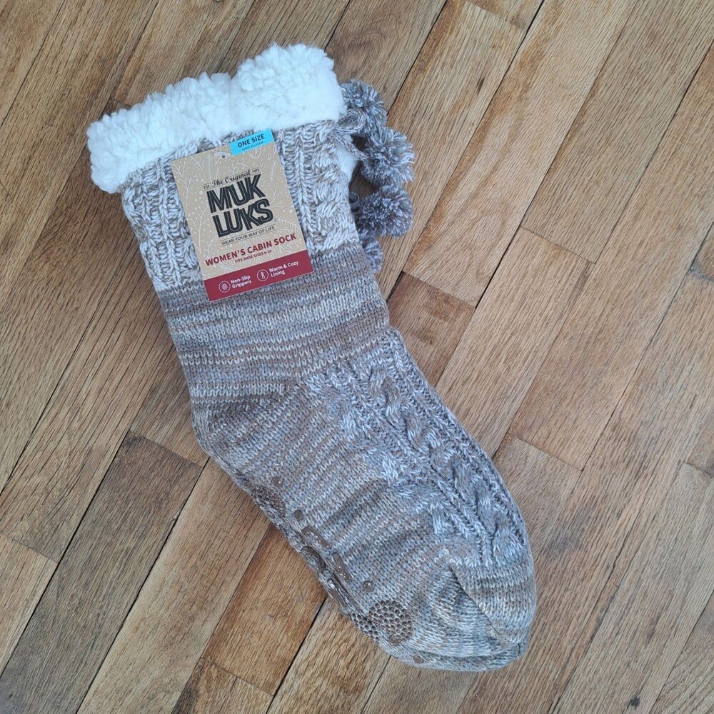 NEW Original Muk Luks Original Cable Knit Cabin Slipper Sock Brown Non Slip 6-10